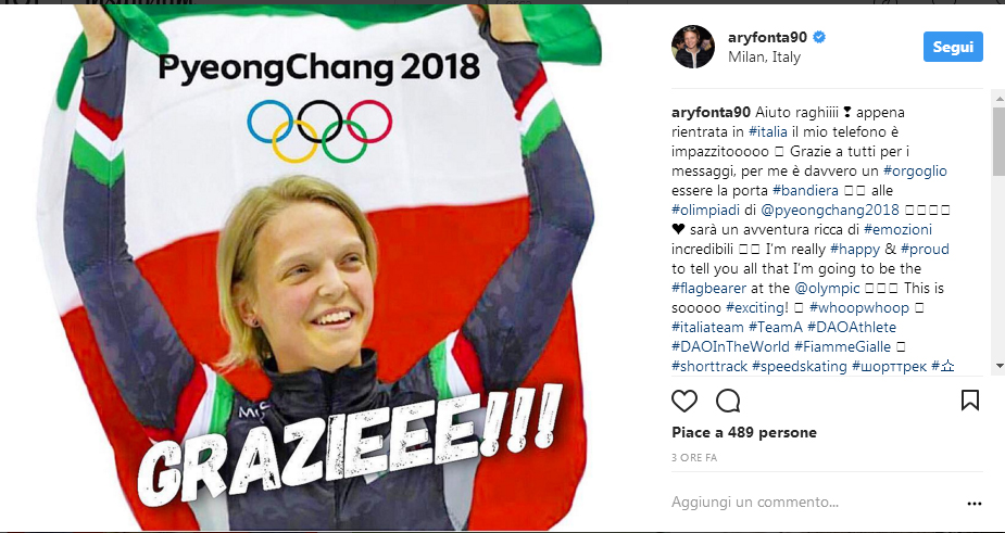 Arianna Fontana conferma: sarà portabandiera dell’Italia alle Olimpiadi