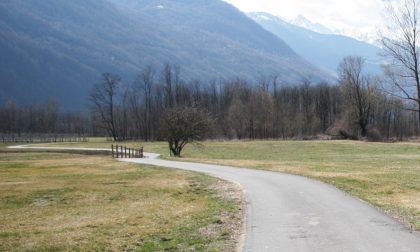 Ciclista inseguito da un grosso cane sul Sentiero Valtellina