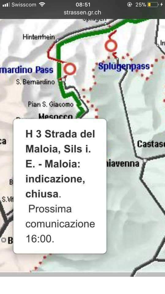 Chiusa la strada del Maloja per slavine