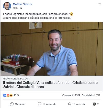 Salvini “bacchetta” don Cristiano: “Alcuni preti pensano alla politica e non  ai fedeli”