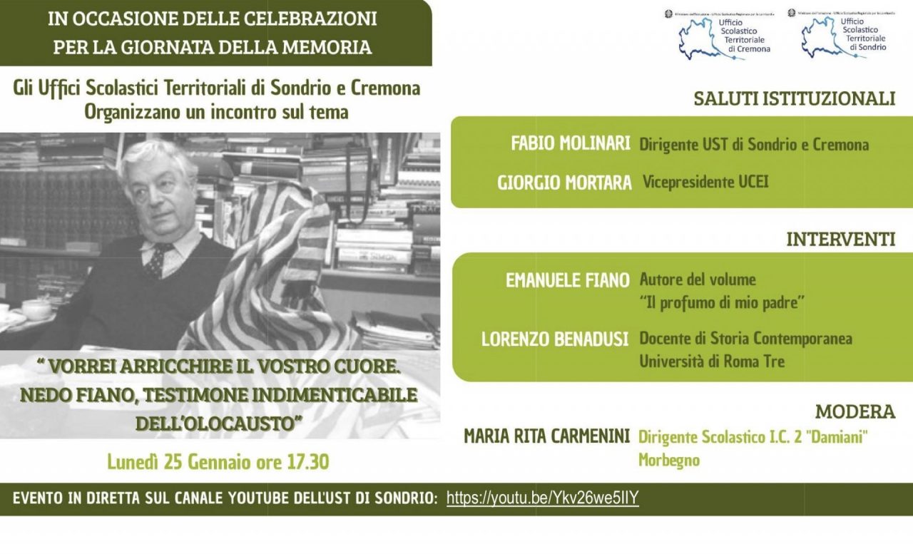 Giornata della Memoria, incontro online: “Vorrei arricchire il vostro cuore. Nedo Fiano, testimone indimenticabile dell’Olocausto”