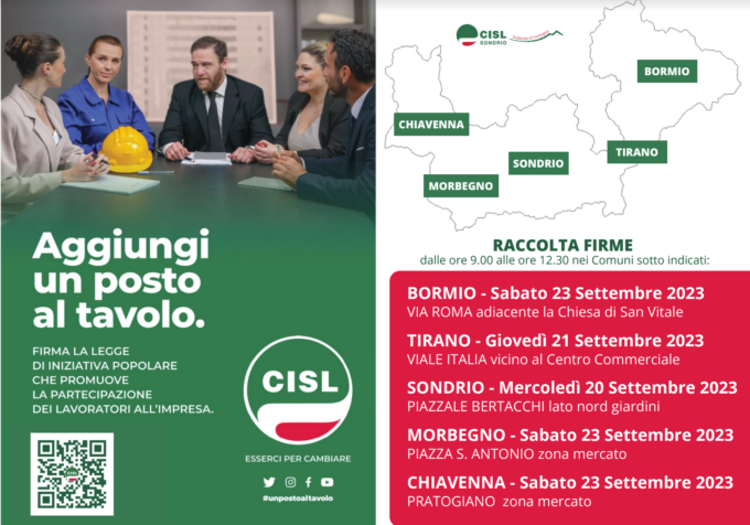 Al via la raccolta firme per la proposta di legge Cisl “Aggiungi un posto al tavolo”