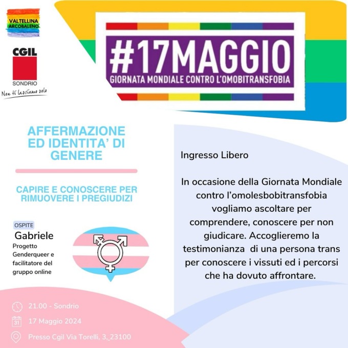 Giornata internazionale contro l’omo-lesbo-bi-trans-fobia: incontro formativo a Sondrio