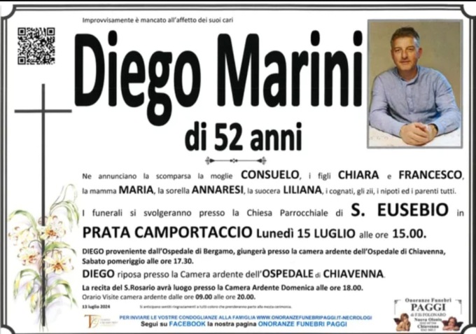 Addio improvviso a Diego Marini, aveva 52 Anni